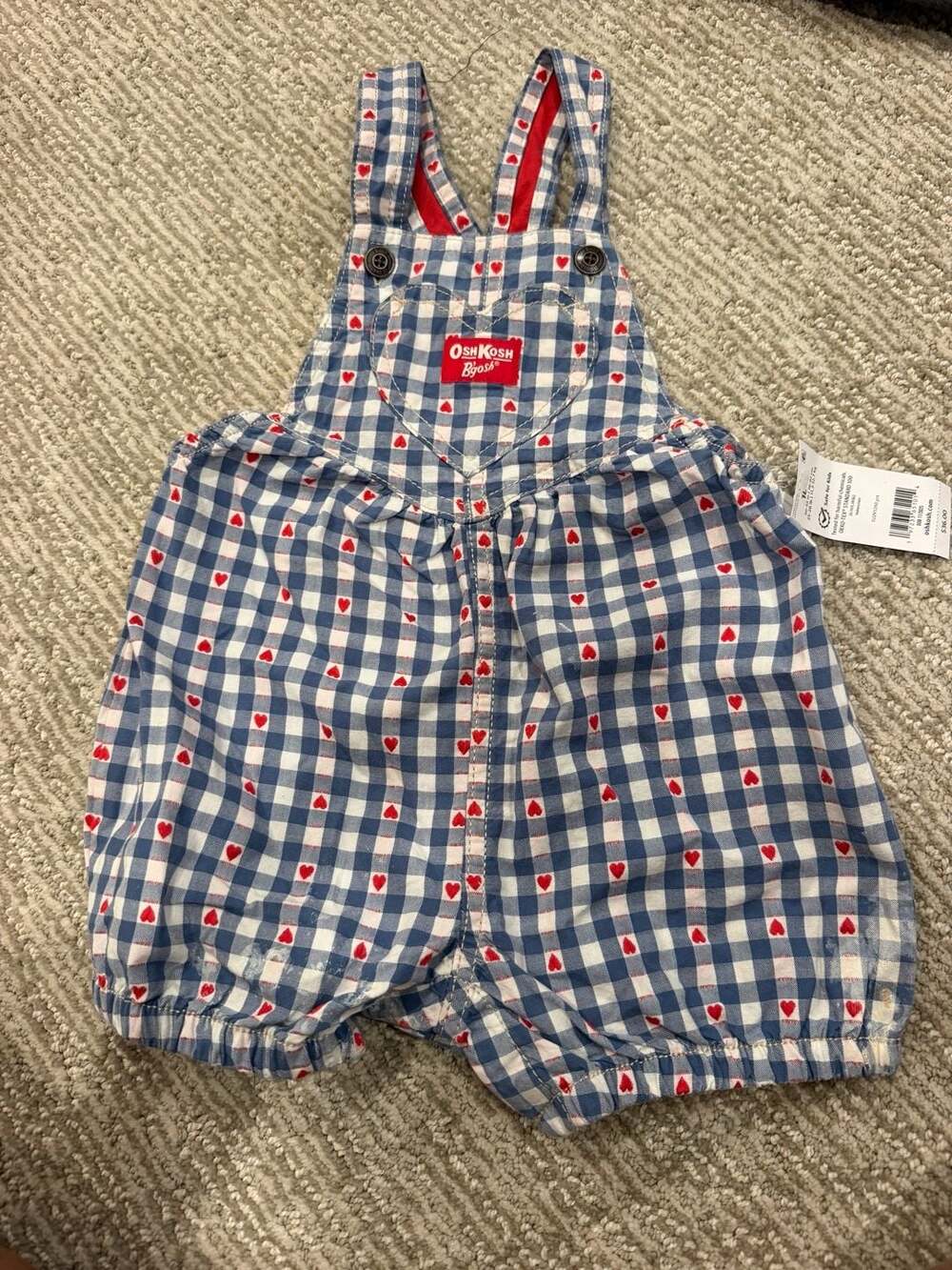 OshKosh B'gosh Shortall Size 18M Blue Gingham Heart Print New With Tags